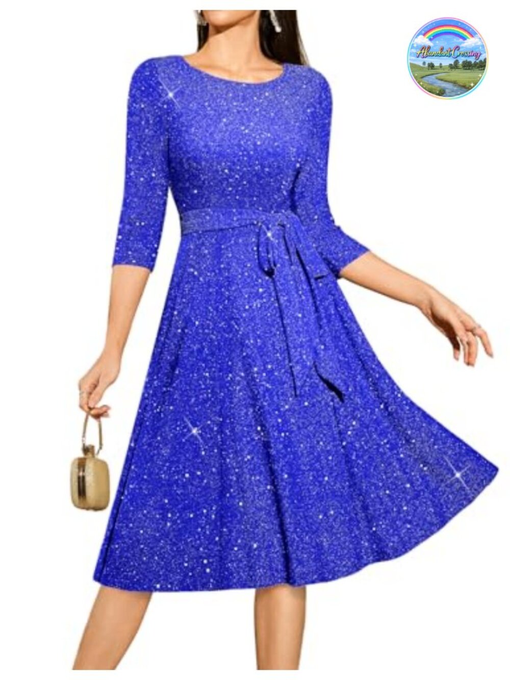 Sparkly Sequin Cocktail Dress 3/4 Sleeve Fit & Flare Midi Formal